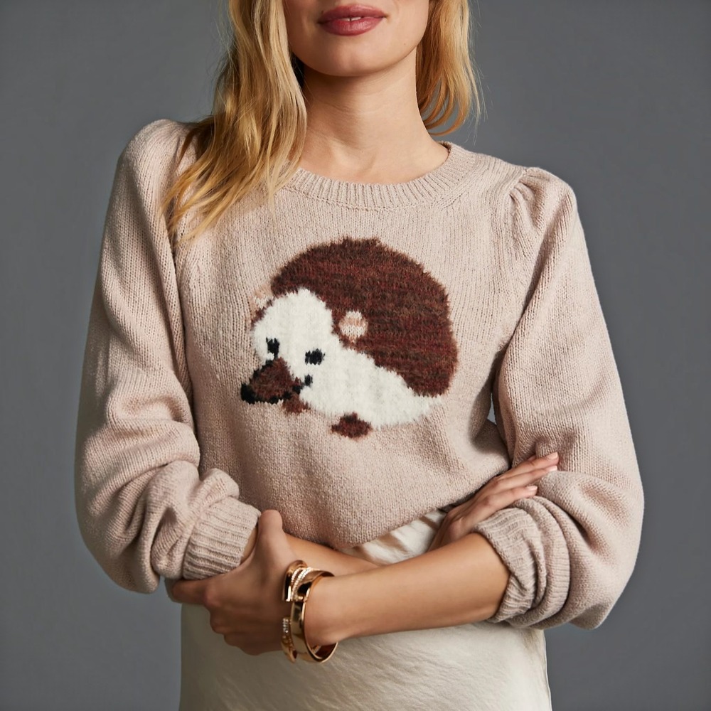 Maeve Anthropologie Hedgehog Sweater Neutral Puff Sleeve Whimsical Forestcore MP